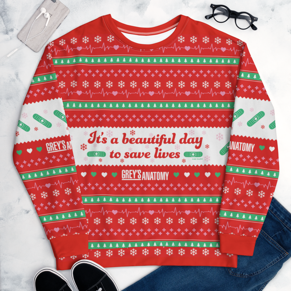 Grey s Anatomy It s A Beautiful Day to Save Lives Ugly Sweater Adult All Over Print Sweatshirt